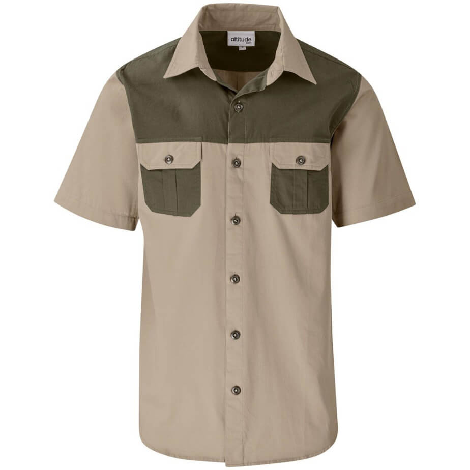 Mens Short Sleeve Serengeti 2-Tone Bush Shirt Stone Military Green Front